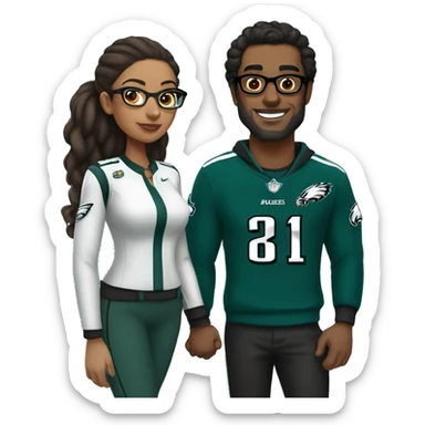 Brown guy and brown girl with glasses and hair in a bun in Philadelphia eagles clothes holding hands sticker