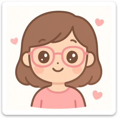 girl with medium brown hair and brown eyes, wearing pink glasses, cute cartoon style sticker
