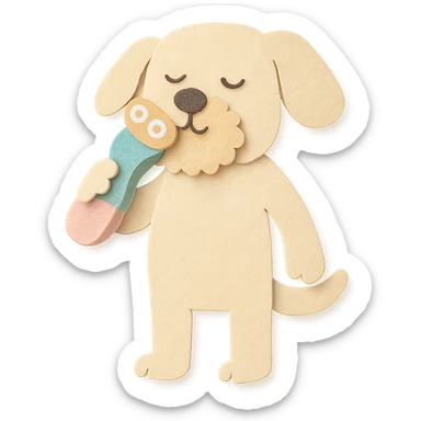 soft pastel electric shaver dog brushing its fuzzy face, creamy beige tones, full-body sticker