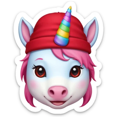 unicorn face cute wearing cute red hat, horn piercing through the hat looking in the camera sticker
