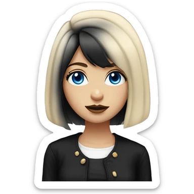 waist-length portrait, looking up, Slavic adult woman, goth eyes makeup, blue eyes, medium bob black-to-blonde ombre straight hair, white T-shirt and black office jacket. sticker