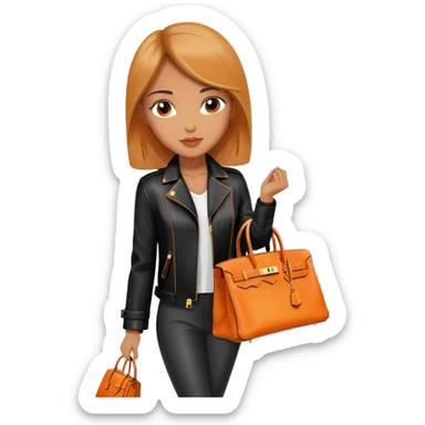 Beautiful woman wearing a leather Hermes jacket and carrying an orange Hermes Birkin Bag. I want the image to be close up.  sticker