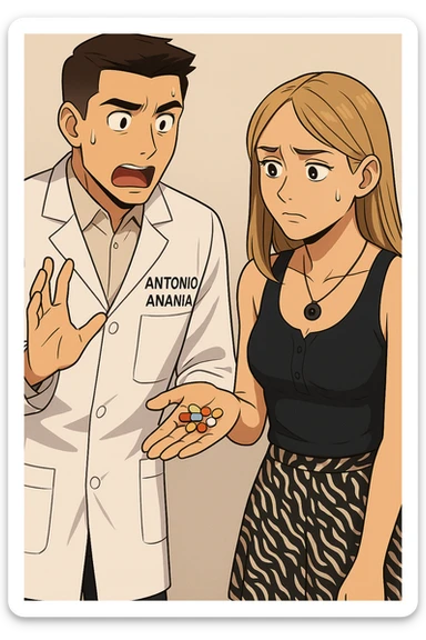 fai un webtoon/manga a colori con questo kinesiologo in camice bianco (fagli la scritta "ANTONIO ANANIA" SUL CAMICE) CHE PARLA CON QUESTA RAGAZZA. LA RAGAZZA HA UN PUGNO DI INTEGRATORI IN MANO (TANTE PILLOLE DIVERSE) E LE GUARDA DUBBIOSA. IL KINESIOLOGO CON IL CAMICE BIANCO LE DOMANDA UNA COSA SCIOCCATO. NON FARE I FUMETTI, FAI SOLO LORO COME SE DIALOGASSERO sticker