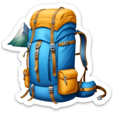 Icon for Mountain Tourism and Climbing: a mountain peak in the background, climbing gear and backpack. The icon should capture the adventure and challenge of alpine exploration. Transparent background. sticker