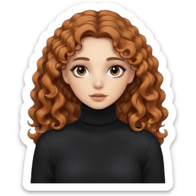 aesthetic white girl with brown long curly hair and black eyes  , black turtle neck sweater top sticker