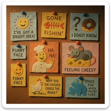 claymation style wall of jokes, a matte plasticine claymation style scene of a wall covered with various humorous illustrations and jokes sticker