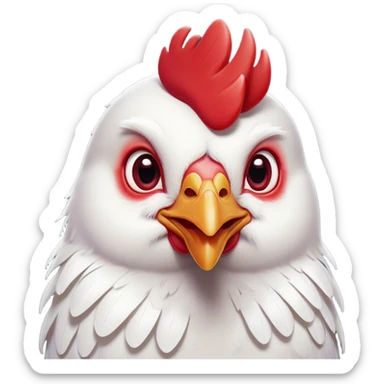 Cinematic Cute White Chicken Portrait Emoji, Head tilted playfully and inquisitively, featuring smooth, immaculate white feathers and a delicate red comb, round, sparkling beady eyes filled with curiosity, Simplified yet irresistibly adorable features, highly detailed, glowing with a warm, friendly glow, high shine, affectionate and lively, stylized with a touch of farmyard whimsy, bright and endearing, soft glowing outline, capturing the essence of a mischievous yet loving chicken, so playful it feels like it could peck out of the screen and into your arms! sticker