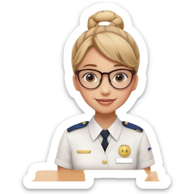 Reception Young girl, bun hair, wearing uniform of reception with hotel name badge, glasses, stand behind the desk

 sticker