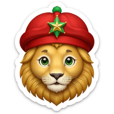 Cute lion face emoji with golden fur, big round eyes, and a friendly expression. Wearing a red Moroccan fez hat with a green star on the front and a small black tassel on the side sticker