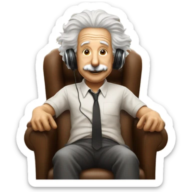 albert einstein happy listening music with just wireless headphones while sitting on the brown chair sticker