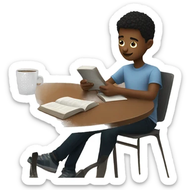 A boy reading on a coffee table with a cup of coffee next to him sticker