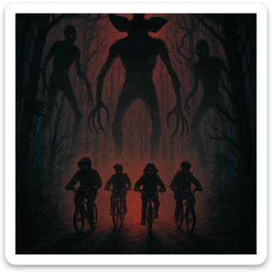 Stranger Things series horror poster style, the kids on bikes riding through a foggy forest with shadowy monsters lurking sticker