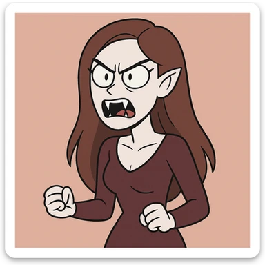 vampire woman with pale skin, brown long hair, angry expression, fangs visible, stylized cartoon style sticker