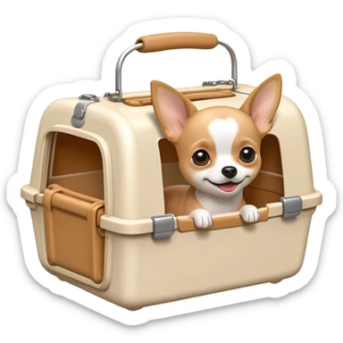 Create a 3D Apple iOS emoji-style icon of a white plastic pet carrier with a tan Chihuahua inside. sticker