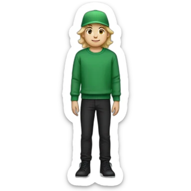 a boy with blond hair, a green sweater, black pants and black shoes and a green cap and braces sticker