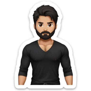 generate a pretty bratz Shahid kapoor with heavy beard and looking angry.
Make him wear a black full sleeve v neck tshirt. muscular but still lean
He shoudl look like shahid kapoor. Long messy black hair sticker
