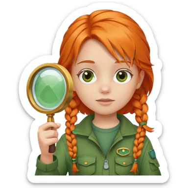 braid orange haired girl kid in green explorer outfit, holding magnifying glass sticker