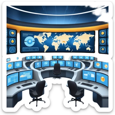 Cinematic mission control center, massive curved video walls with complex telemetry and glowing data visualizations, symmetrical high-tech workstations, dim blue and amber ambient lighting, sharp focus, hyper-realistic, atmosphere of absolute precision. sticker