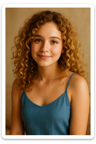 A girl with curly golden hair, brown eyes, blue camisole dress, cute and approachable sticker