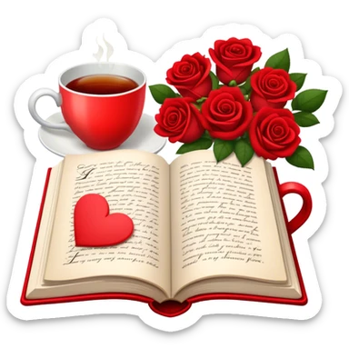 Icon for Romance Reading: an open book with a heart-shaped bookmark, surrounded by roses, a love letter, and a cup of tea. The icon should evoke the warmth, passion, and emotional depth of a love story. Transparent background sticker