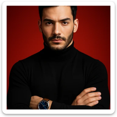 Create an ultra-realistic, high-detail, 4K editorial portrait of the person in the reference image. Emphasize sharp features, flawless fair skin, sleek black hair, and a black turtleneck. The person has arms crossed and wears a wristwatch with a blue dial and brown strap. The background is a bold red gradient with dramatic cinematic lighting. The composition is symmetrical and minimal. sticker