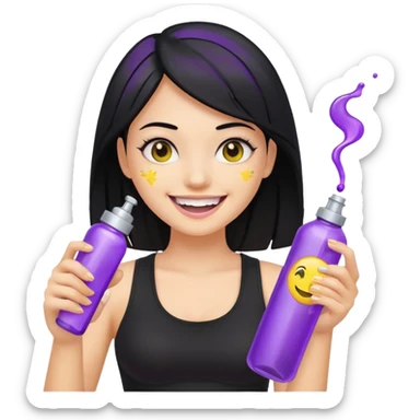 fair girl with black hair, black crop top, smiling widely with yellow teeth, holding purple and silver spray bottle, nothing else, genmoji emoji style, reference attached can sticker