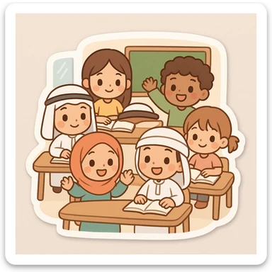 group of cute cartoon boys and girls in a classroom, some wearing traditional Arab head coverings, chibi style, friendly and diverse, simple background sticker