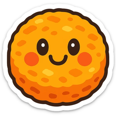 cartoon style chicken patty, round and golden, with a happy face sticker