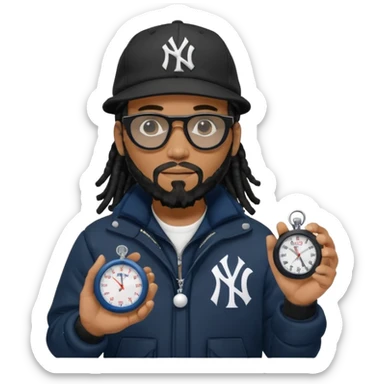 African American Man with shoulder length black dreadlocks with black beard wearing black sunglasses wearing a black bubble winter coat and a New York Yankees logo baseball cap holding a stopwatch sticker