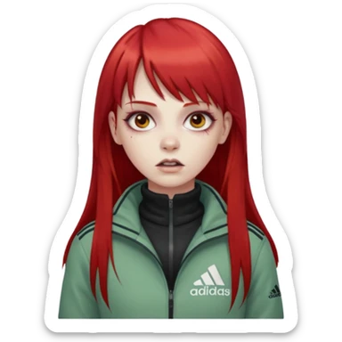 Crie um emoji de uma menina zumbi  com o cabelo vermelho longo com uma franja reta casaco de gola alta da adidas sticker