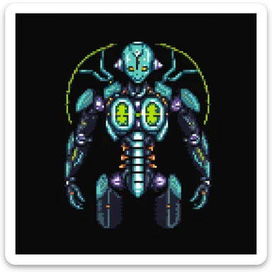 digital data, flowing within a superconductor, digital schema, biomata, sekgen, cyac, traxus, NuCal, vibrant shocking energetic transmission. generator core. bi-axial. neutronic. biomechanical. cyber-android sticker