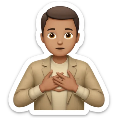 un hombre con las dos manos en el pecho, con las palmas de las manos abiertas. con ropa sticker