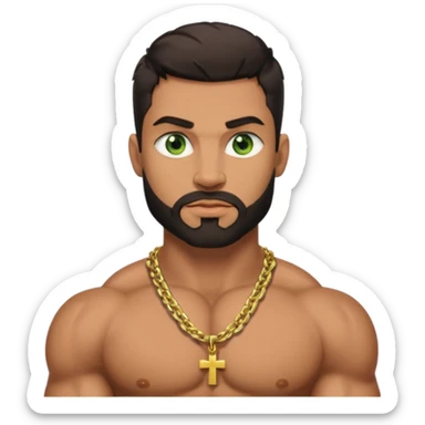 green eyes, dark short hair, muscular shoulders, wide cross, gold chain, big lips big nose big eyes, masculine good looking, dark beard, muscular strong looking sticker