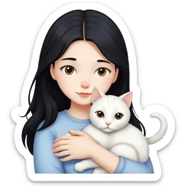 Long black-haired girl hugging a white cat sticker