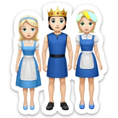 King, black hair, body, legst, blue eyes, blue garmont,  shoes, maid blonde hair, green eyes, sexy short sleveless White dress, shoes sticker