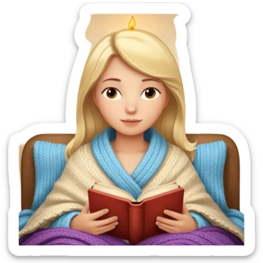 Cozy blonde woman reading book with blanket and candle sticker