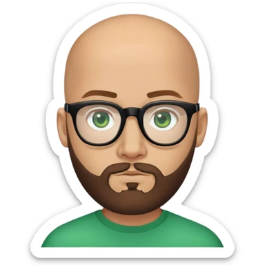 Bald young Guru, mid-lenght brown beard, green eyes, black frame glasses sticker