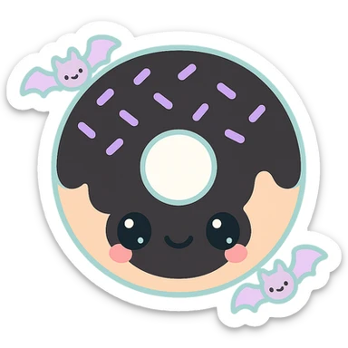 kawaii style gothic donut, happy expression, black icing, purple sprinkles, cartoon bat details, sweet and spooky sticker