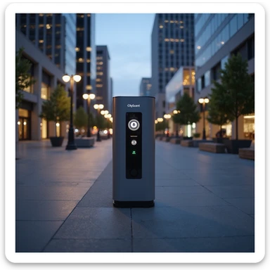 realistic scene with the CityScent air freshener machine installed in a city plaza at dusk, surrounded by softly glowing streetlights, modern buildings in the background, no people, focus on the machine sticker