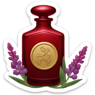 Dark red dreamy perfume bottle with red lupines and an old-fashioned letter seal sticker