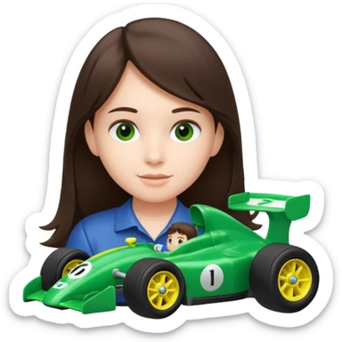 brunette kid playing green formula 1 toy sticker