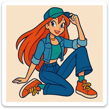 Bloom from Winx Club in casual clothes, sitting pose, vibrant toon style, no magical effects, trendy outfit, cheerful mood sticker