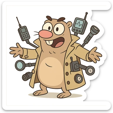 gopher with a trench coat, gadgets popping out, cartoon style, whimsical and playful sticker