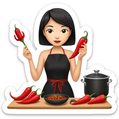asian black short shoulder length hair tanned woman, black dress cooking, holding chili pepper sticker