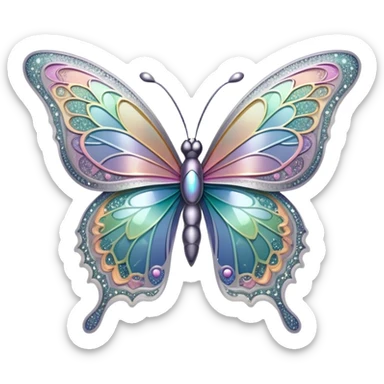 Pastel sparkly grey glittery iridescent rainbow transparent butterfly with detailed intricate patterns sticker
