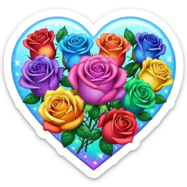 Rainbow heart with rainbow colored roses & sparkles sticker