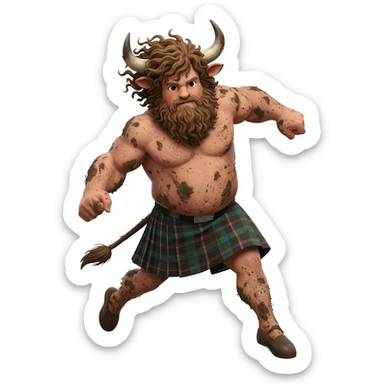 big buff curly hairy man covered in dirt with freckles with messy light brown bangs that covers his face completely with bull horns and bull ears and bull tail dressed in kilt jumped up i with wind in his hair sticker