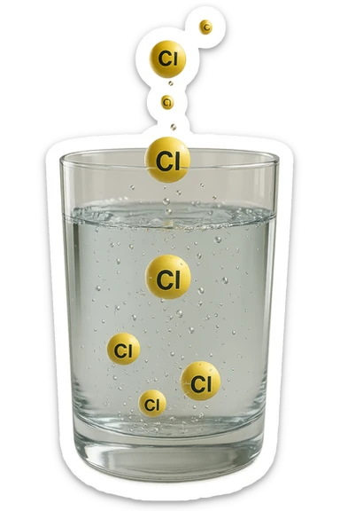 un bicchiere di acqua fluttua in aria realistico e dettagliato, dentro l'acqua del bicchiere ci sono particelle di cloro ben visibili con la scritta "Cl" sopra, ci sono particelle anche che escono dal bicchiere e fluttuano in aria verticalmente, mentre alcune sono all'interno dell'acqua nel bicchiere, iperrealistico 4k sticker