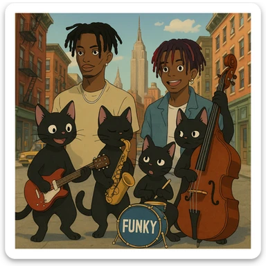 ghibli style gang of black cats performing funky music in New York with Playboi Carti and Lil Uzi Vert in the background sticker