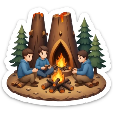 A cozy campfire emoji with two logs and glowing embers, with subtle human silhouettes sitting around. Warm tones, minimal flat emoji style, white background. sticker